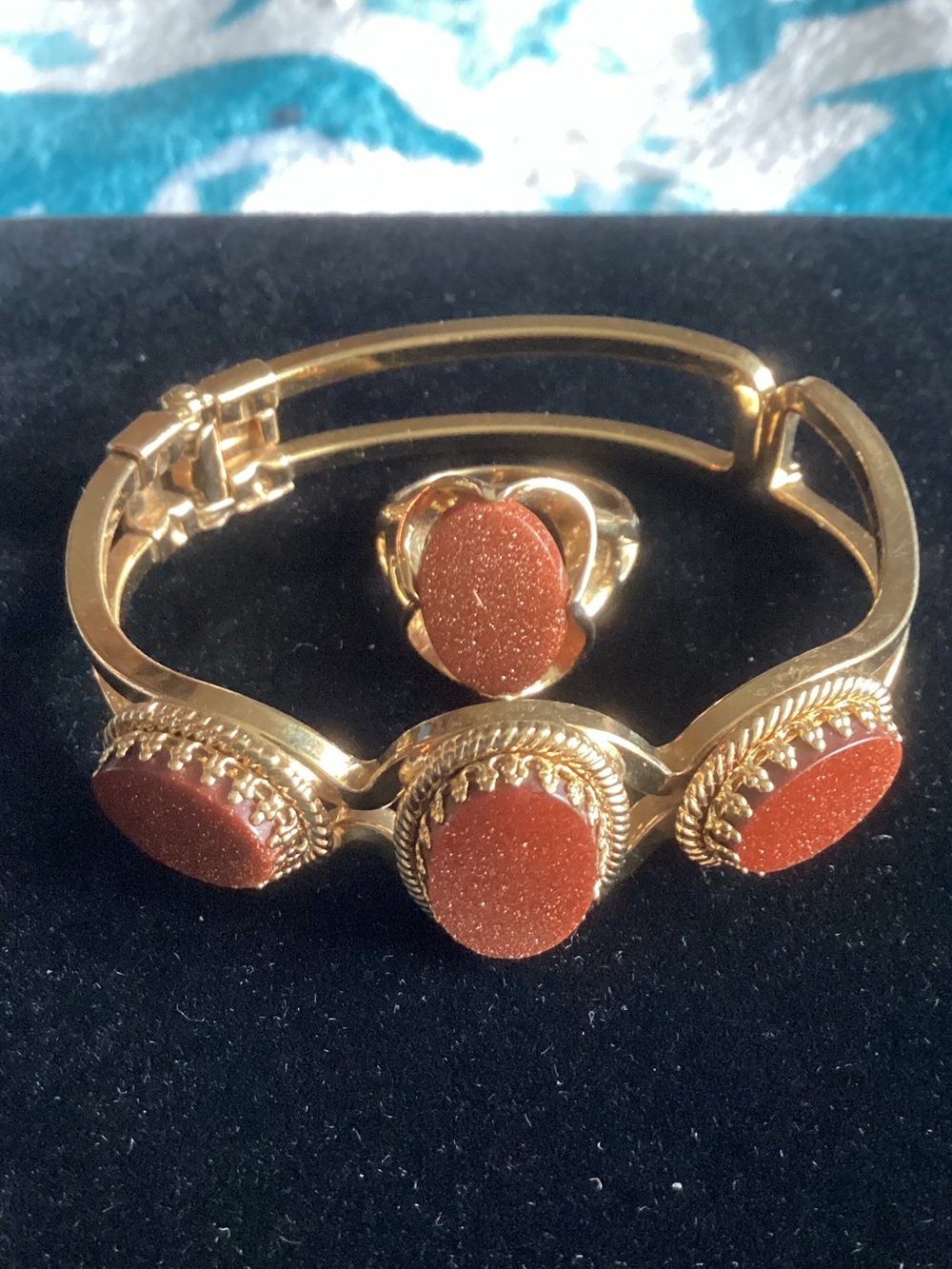 Gold-Tone Bracelet and Ring Set with Sandstone,s! Size 6 Clamper.